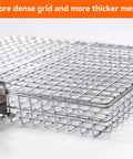Close-up of stainless steel grill basket grid with text overlay, part of Stainless Steel Grill Basket For Outdoor Grilling Large Portable Rack For Meat Fish And Vegetables With Removable Anti Slip Handle Heavy Duty Grillin Accessory For Grillin Enthusiasts And Tailgate BBQ.