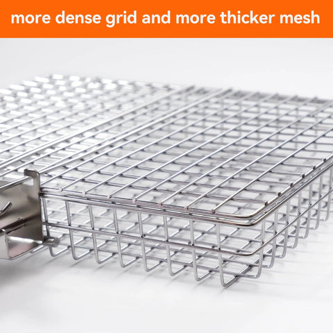 Close-up of stainless steel grill basket grid with text overlay, part of Stainless Steel Grill Basket For Outdoor Grilling Large Portable Rack For Meat Fish And Vegetables With Removable Anti Slip Handle Heavy Duty Grillin Accessory For Grillin Enthusiasts And Tailgate BBQ.