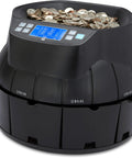 Hustle Ready Commercial Coin Counter And Sorter Roller Machine With Large Hopper Auto Reverse Motor, black with coins.