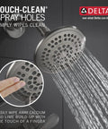 Showerhead with Go-To Classic Tub And Shower Faucet in stainless finish showing Touch Clean technology spray holes.