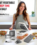 Person in kitchen using Real Original Pro 10 in 1 Vegetable Chopper and Mandoline Slicer with 8 Blades Food Prep Gadget with Container