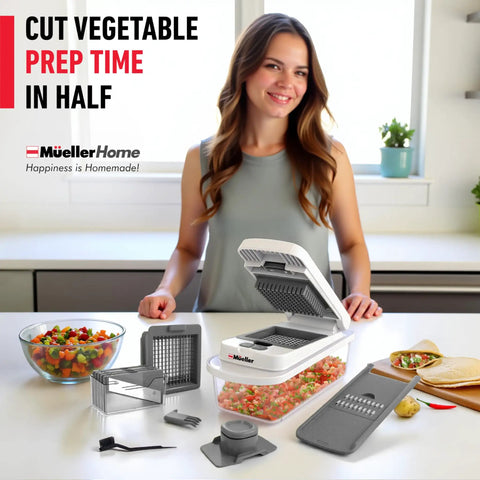 Person in kitchen using Real Original Pro 10 in 1 Vegetable Chopper and Mandoline Slicer with 8 Blades Food Prep Gadget with Container