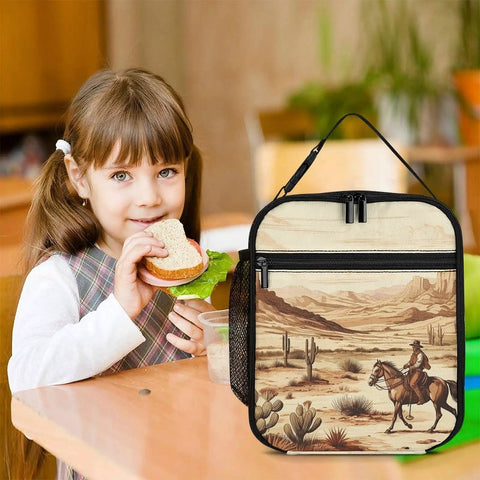 Insulated Lunch Box For Men And Women With West Desert Cactus And Cowboys Riding Horses Design Reusable Lunch Tote Bag