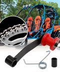 Beefed Up Chain Tensioner Replacement for ATV Go Kart, with spring roller guide and slider, shown with quad and chain close-up.