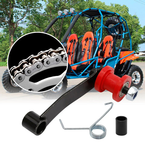 Beefed Up Chain Tensioner Replacement for ATV Go Kart, with spring roller guide and slider, shown with quad and chain close-up.