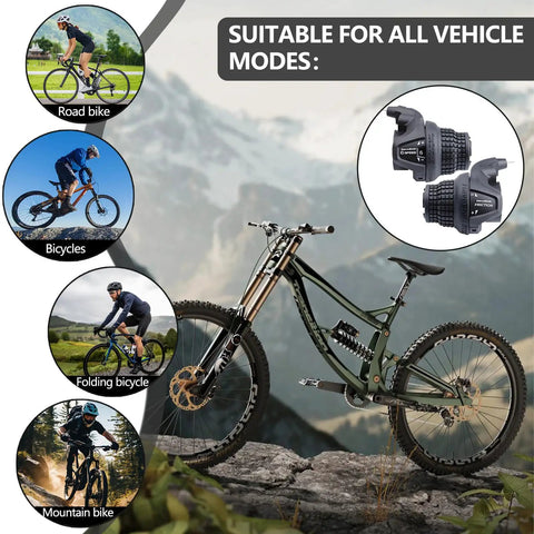 Two Pack Universal Bike Gear Shifters 3x6 Speed Revoshift Trigger Levers For MTB And Folding Bikes next to mountain bike