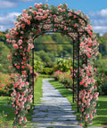 87 Inch Metal Garden Trellis Arch With Durable Net For Climbing Plants Built Tough For Outdoors in a rose garden.