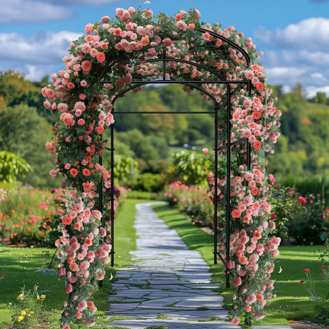 87 Inch Metal Garden Trellis Arch With Durable Net For Climbing Plants Built Tough For Outdoors in a rose garden.