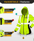ROGUE Safety Jacket for Women With Class 3 ANSI Reflective Hi Vis Fleece Hoodie Yellow Small Size Two Front Pockets Adjustable Drawcord Heavy Duty Zipper for Day and Night Work
