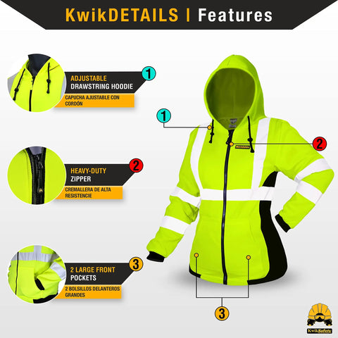 ROGUE Safety Jacket for Women With Class 3 ANSI Reflective Hi Vis Fleece Hoodie Yellow Small Size Two Front Pockets Adjustable Drawcord Heavy Duty Zipper for Day and Night Work