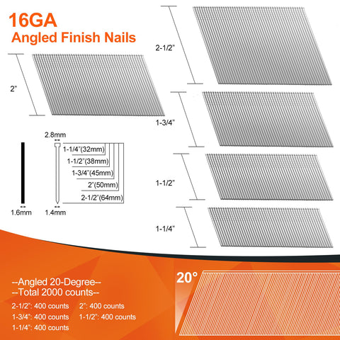 All In One 16 Gauge Finish Nails Kit With Twenty Degree Angled Galvanized 2000 Count Five Sizes From Two And A Half Inches To One And A Quarter Inches 400 Nails Each For Pneumatic And Electric Finish Nailer diagram