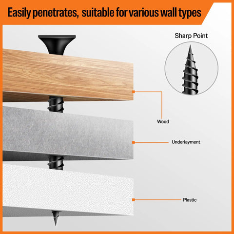 Heavy Duty Workhorse 6 X 1 1/4 Fine Thread Drywall Screws Self Tapping Phillips Drive shown penetrating wood, underlayment, and plastic.