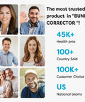 Collage of happy users and statistics promoting Bunion Corrector For Overlapping Big Toes And Hallux Valgus Pain Relief