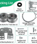 Packaging contents of Garage Door Torsion Spring Conversion Kit For 7 Foot High Doors with cable rollers and hardware.