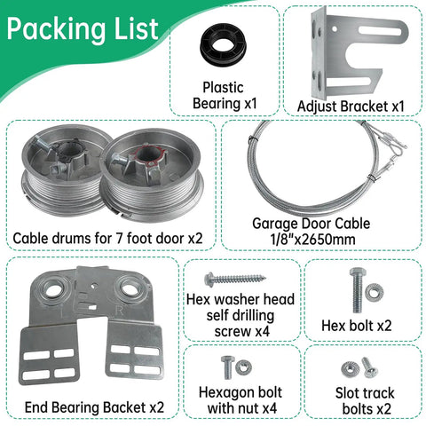 Packaging contents of Garage Door Torsion Spring Conversion Kit For 7 Foot High Doors with cable rollers and hardware.