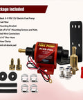 Universal 12 Volt Electric Fuel Pump For Cars And Trucks package includes pump, filter, mounting bracket, and accessories.