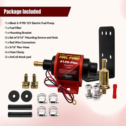 Universal 12 Volt Electric Fuel Pump For Cars And Trucks package includes pump, filter, mounting bracket, and accessories.