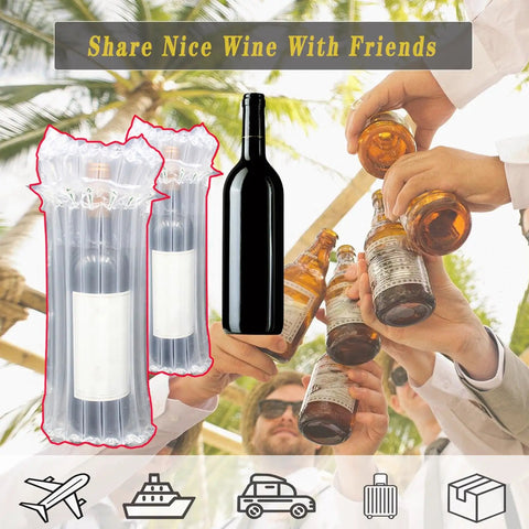Wine Bottle Travel Protector Bags Set With Pump 10 Inflatable Air Column Cushions for packing and transport shown with wine bottle and group toast scene