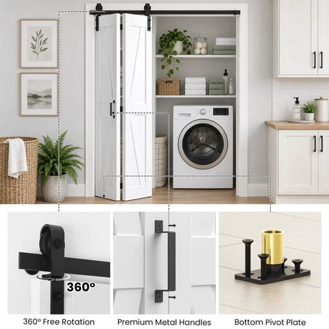 Foolproof Setup Bifold Barn Doors 40 Inch By 84 Inch With Badass 44 Inch Slider Track Kit displayed in laundry room with metal handles.