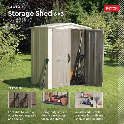 Factor 6x3 Outdoor Storage Shed Kit For Patio Furniture Lawn Tools Bikes Beach Gear Plus More Durable Resin Construction Won’t Peel Rot Or Rust Easy Assembly With 110 Cu Ft Capacity In Taupe And Brown showing lawn tools inside.