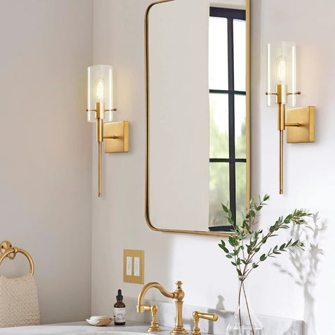 Set Of 2 Modern Indoor Wall Sconces In Antique Brass With Clear Glass Shade Dual Up Down Mount Sleek Wall Decor For Bedroom Living Room Hallway