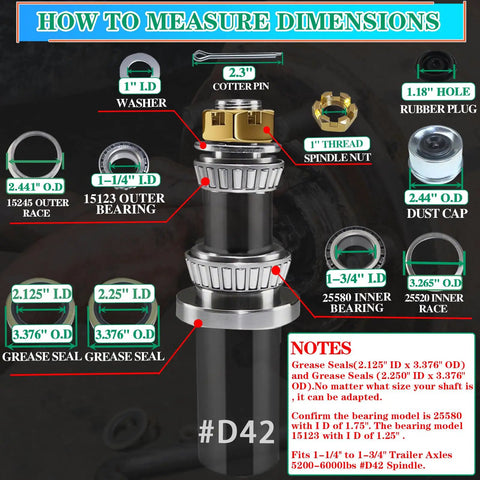 How to measure dimensions for 4 Sets Trailer Axle Hub Heavy Duty Bearings Kit For 5200-6000 Lbs Trailers With D42 Tapered Spindle Includes 21333TB Grease Seals Two Point Four Four Inch Dust Caps Rubber Plugs Cotter Pins Spindle Nuts And Washers