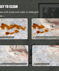 Cleaning process of Peel And Stick Backsplash With Natural Mother Of Pearl Mosaic Shell Tiles, showing ease of stain removal.