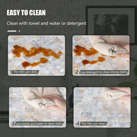 Cleaning process of Peel And Stick Backsplash With Natural Mother Of Pearl Mosaic Shell Tiles, showing ease of stain removal.
