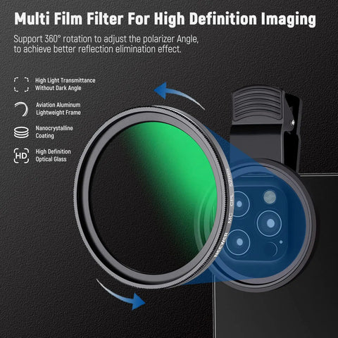 52mm CPL Filter Clip On Kit For Phone With Case And Cleaning Cloth Polarizing Lens Reduces Glare And Boosts Colors Fits Most 52mm