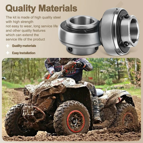 1 Inch Live Axle Bearing Kit Fits Azusa Axles And Common Kart Builds Including Mini Bikes Trikes And Off Road ATVs Three Hole Flangettes Mounting For Easy Install And Solid Reliable Support, shown with an ATV in mud.