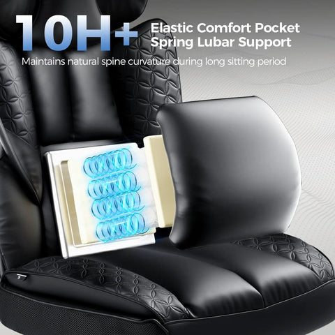 Big And Tall Gaming Chair With Retractable Footrest And Pocket Spring Lumbar Support showing elastic pocket spring for comfort.