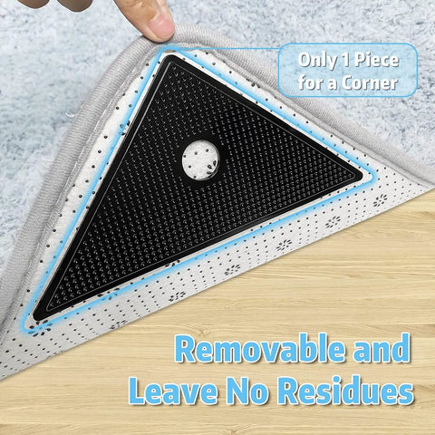 Eight Pack Rug Tape Grippers For Rugs Reusable Washable Non Slip Double Sided Rug Pads For Hardwood Floors And Prevent Sliding Rug Stoppers Black Heavy Duty Grip For High Traffic Areas And Pet Friendly Reusable Design showing triangle grip under rug corner.