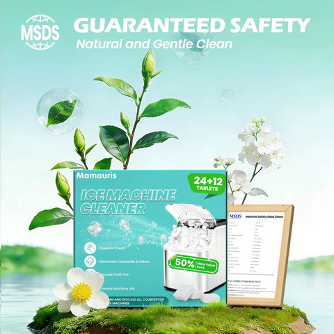 Packaging of Mamouris Ice Maker Cleaner Tablets with plants and safety data sheet, 36-pack descaler for countertop machines.