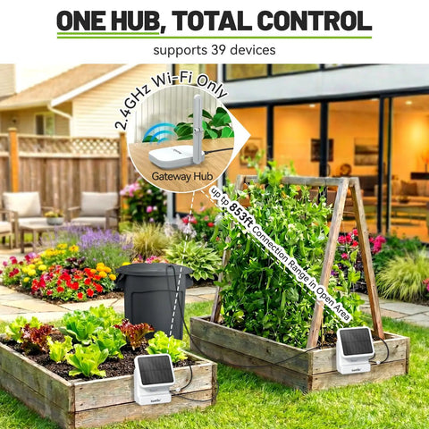 Smart WiFi Solar Drip Irrigation System For Indoor And Outdoor Use With App Control displayed in a garden scene