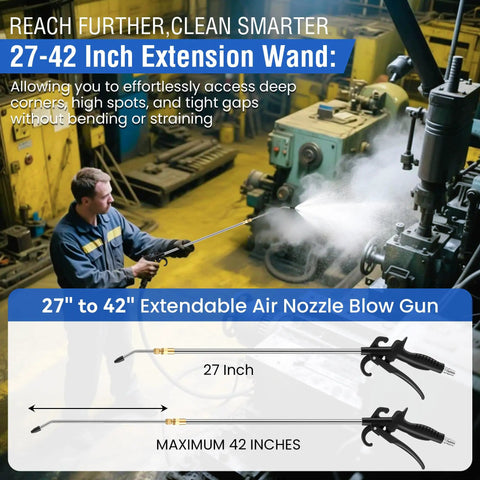 Beefy Workhorse, Heavy Duty High Pressure Air Blow Gun With 27 To 42 Inch Extendable Wand used on industrial machinery.
