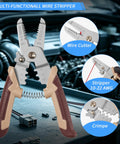 Heavy Duty 11 Piece Electrical Disconnect Pliers And Wire Stripper Kit With Hose Clamp Tool And Six 2 Pin Connector Sets For Straight Up Auto Wiring Jobs And Quick Fixes, showcasing multi-functional wire stripper.