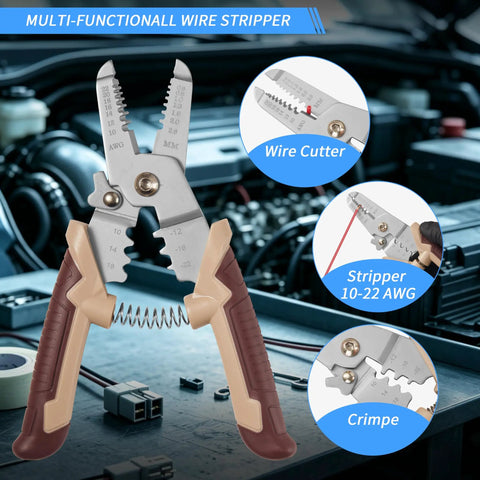 Heavy Duty 11 Piece Electrical Disconnect Pliers And Wire Stripper Kit With Hose Clamp Tool And Six 2 Pin Connector Sets For Straight Up Auto Wiring Jobs And Quick Fixes, showcasing multi-functional wire stripper.