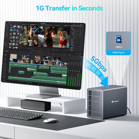 Top Tier Five Bay External Hard Drive Enclosure Built Different With Sleek Aluminum Chassis and USB 3.0 for fast data transfer.