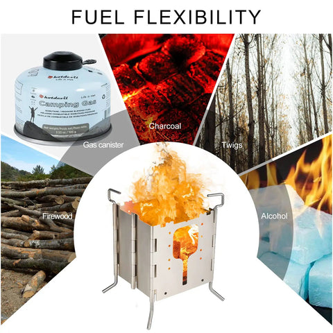 Fuel options for All Fuel Stainless Steel Camping Stove For Solo Campers Folding Backpacking Stove With Single Burner Portable Fire Pit