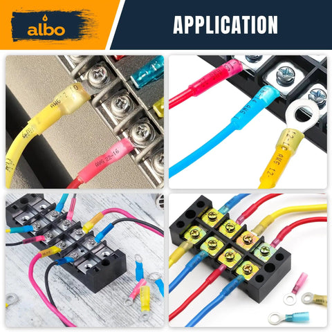 250 Pcs Heat Shrink Ring Terminal Kit Set For 22 To 10 AWG Waterproof Tinned Copper Ring Terminals connected to wires