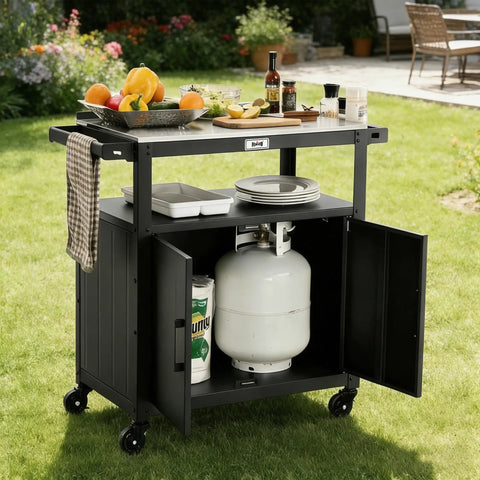 Outdoor Grill Cart With Stainless Steel Tabletop And Storage Cabinet Movable Kitchen Island On Wheels For BBQ Prep