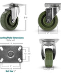 High Temperature Plate Mount Caster With Four Inch Epoxy Resin Wheel And Zinc Plated Steel Yoke Five Sixteenth Inch Precision Bearing Heavy Duty Caster For Ovens Bakers And Heat Intensive Environments Up To Two Hundred Eighty Fahrenheit. Multiple views and dimensions shown.