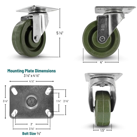 High Temperature Plate Mount Caster With Four Inch Epoxy Resin Wheel And Zinc Plated Steel Yoke Five Sixteenth Inch Precision Bearing Heavy Duty Caster For Ovens Bakers And Heat Intensive Environments Up To Two Hundred Eighty Fahrenheit. Multiple views and dimensions shown.