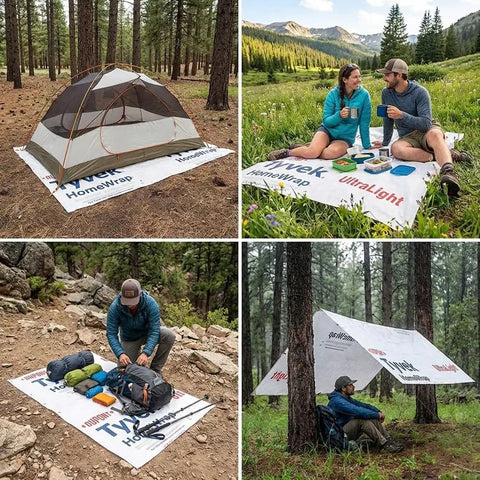 Lightweight Tyvek Tent Footprint Ground Cloth for Camping and Backpacking, various uses, protecting from dirt and debris.