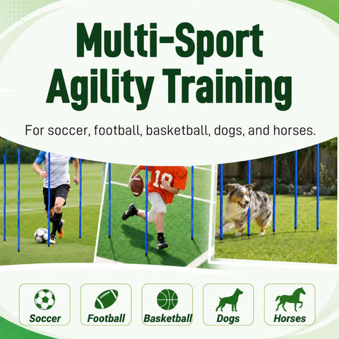 Six Piece Soccer Agility Poles Set For Training, 5 Ft Adjustable Speed And Agility Poles For Football, Basketball, Horse, And Dog Drills, Includes Steel Ground Nails And Nail Covers, Outdoor Blue, with sports icons for soccer, football, basketball, dogs, horses under Multi-Sport Agility Training banner.