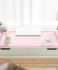 Oversized Pink Scalloped Desk Pad For Keyboard And Mouse, 31.5 Inch By 15.7 Inch PU Leather Mouse Mat With Waterproof Checkered Pattern