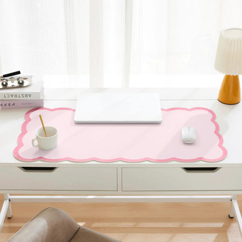 Oversized Pink Scalloped Desk Pad For Keyboard And Mouse, 31.5 Inch By 15.7 Inch PU Leather Mouse Mat With Waterproof Checkered Pattern