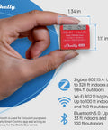 1PM Mini Gen4 Smart Switch With Wi Fi Zigbee And Matter Compatibility 1 Channel 8A Dual Pack Power Monitoring No Hub Needed Fast Setup In Minutes Remotely Control Appliances From Anywhere red module in hand, 1.34 x 1.11 in