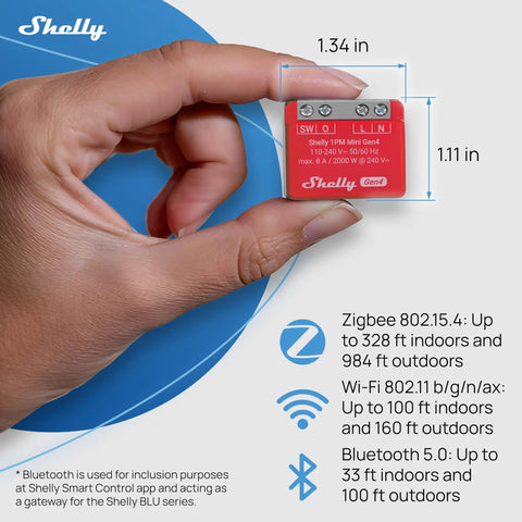 1PM Mini Gen4 Smart Switch With Wi Fi Zigbee And Matter Compatibility 1 Channel 8A Dual Pack Power Monitoring No Hub Needed Fast Setup In Minutes Remotely Control Appliances From Anywhere red module in hand, 1.34 x 1.11 in