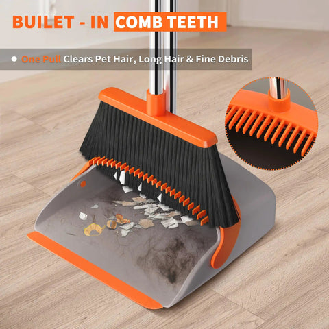 Upgraded Broom and Dustpan Set With a 52-Inch Long, Adjustable Handle for Standing Cleaning Self-Cleaning Teeth No Bending in use